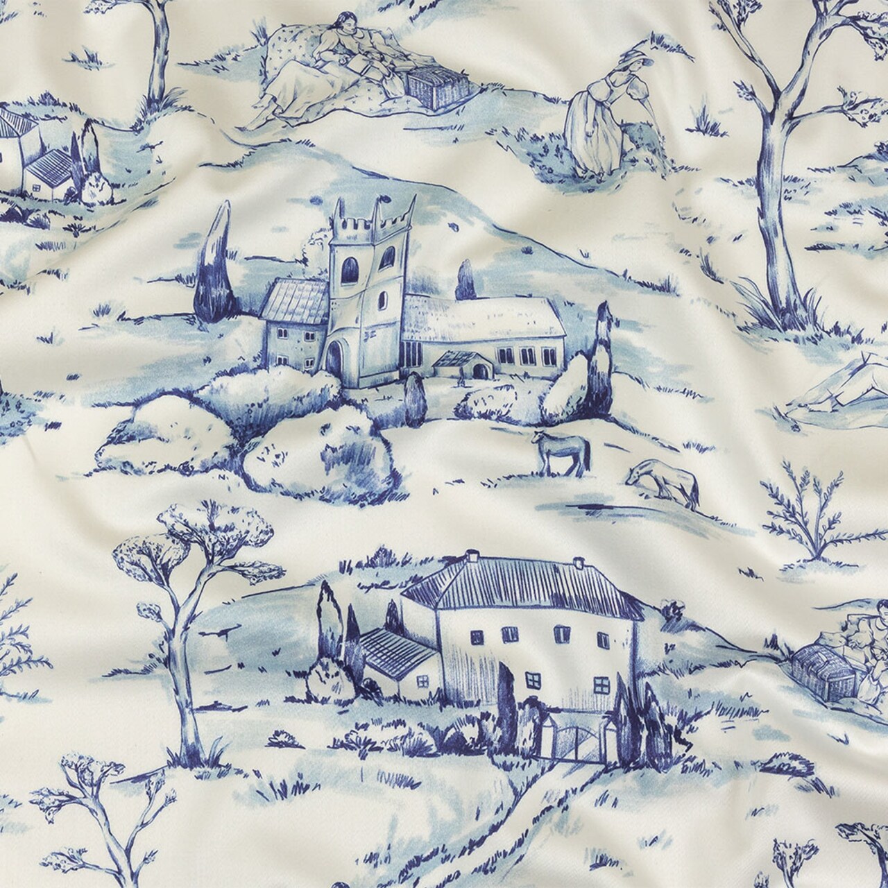 1 Yard Blue and White Toile Egret Stretch Cotton Sateen Fabric